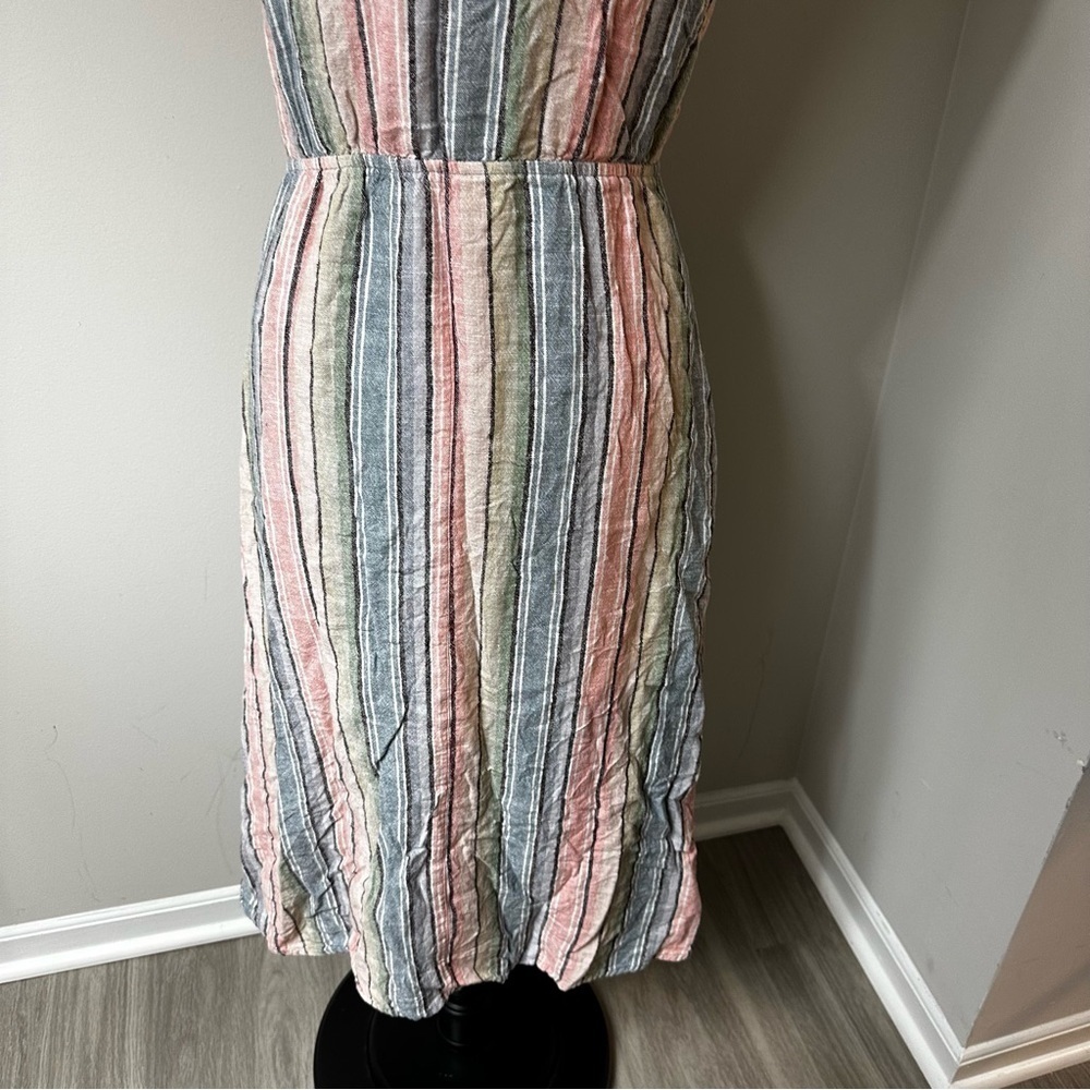 Indigo Rein Pastel Linen Blend Striped Button V Neck Midi Dress in Size Medium - Picture 6 of 6
